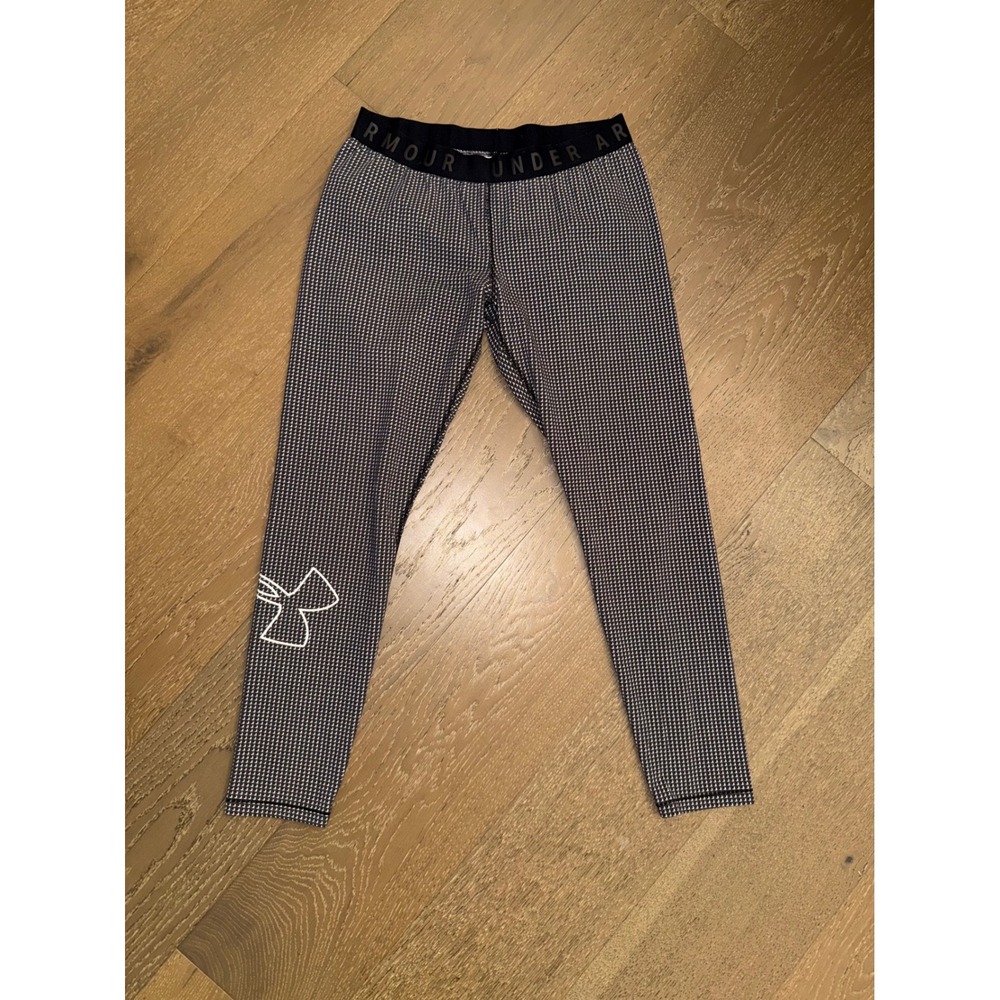 Under Armour Womens HeatGear‎ Leggings Black White Geometric Grid Athletic L XL